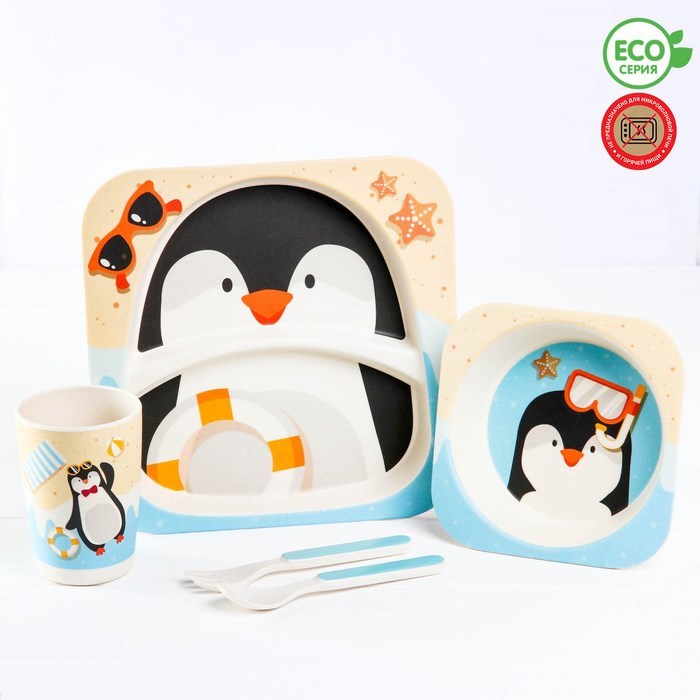 Набор детской посуды «Пингвинёнок», из бамбука, 5 предметов: тарелка, миска, стакан, столовые приборы в наличии - фото 105834789